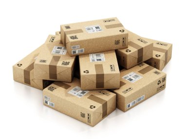 Karton karton karton paketler yığını. 3B illüstrasyon.