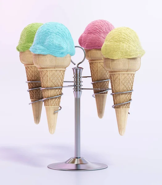Группа Рожков Мороженого Держателе Хромированного Мороженого Иллюстрация — стоковое фото