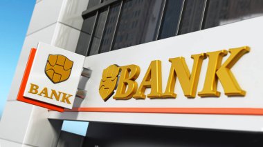 Tabela hayali logosu ile dış yapı üzerinde banka. 3D çizim.