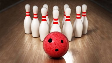 Bowling lobutları ve kırmızı bowling topu tahta yüzeyde duruyor. 3d illüstrasyon.