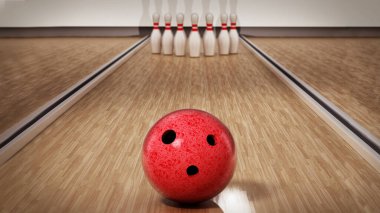 Bowling lobutları ve kırmızı bowling topu tahta yüzeyde duruyor. 3d illüstrasyon.