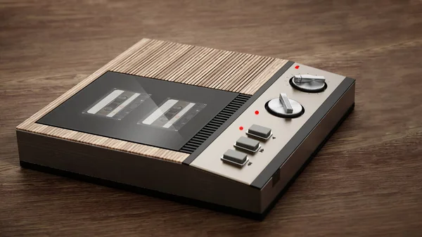 老式答录机矗立在木制桌子上 3D说明 — 图库照片