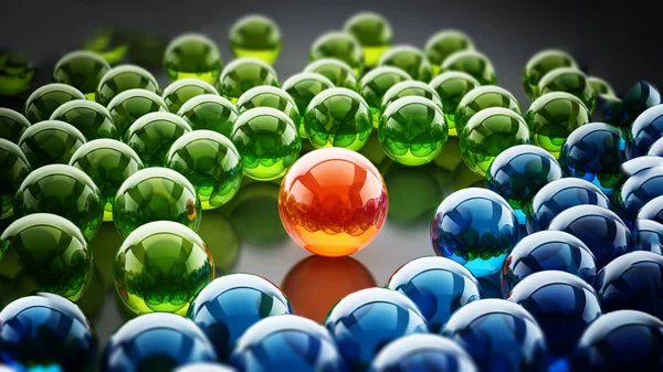 Esfera Roja Brillante Que Destaca Entre Las Esferas Verde Azul —  Fotos de Stock
