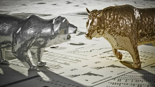 Bären Und Bullenfiguren Auf Wirtschaftszeitungsseiten Illustration — Stockfoto