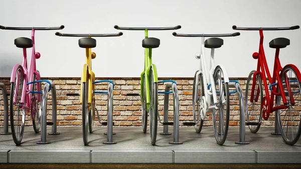 Πολύχρωμα Ποδήλατα Στο Χώρο Στάθμευσης Ποδηλάτων Εικονογράφηση — Φωτογραφία Αρχείου