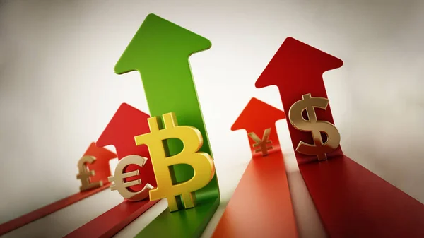 Bitcoin Dollar Euro Yen Pound Symbols Rising Arrows — Stock Photo, Image