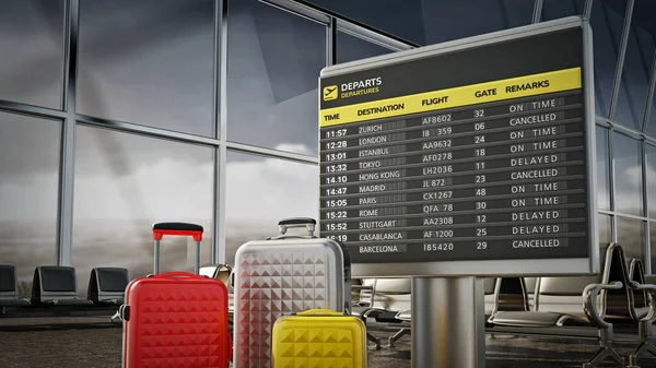 Airport boarding sign, and luggages inside airport waiting room. 3D illustration.