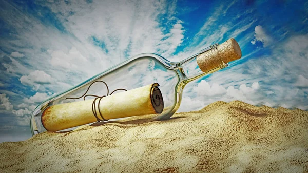 Сообщение Бутылке Стоящей Песке Иллюстрация — стоковое фото