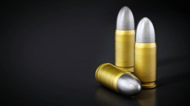 Siyah arka planda farklı tabanca mermileri var. 3d illüstrasyon.