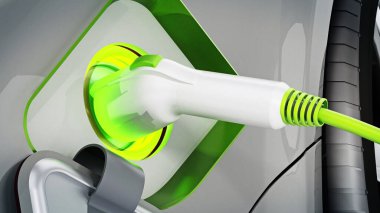Fişe takılı hibrit ya da elektrikli araba şarj ediliyor. 3B illüstrasyon.