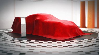 Yeni araba modeli vitrinde kırmızı ipek altına podyum. 3D çizim.