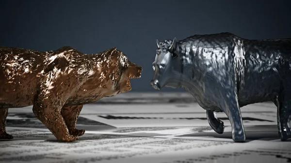 Bären Und Bullenfiguren Auf Wirtschaftszeitungsseiten Illustration — Stockfoto