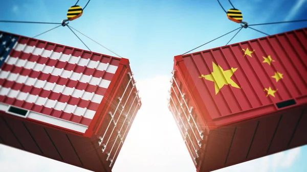 Kereskedelmi Háborúk Koncepció Amerikai Kínai Zászló Texturált Rakomány Konténerek Csapkodás — Stock Fotó