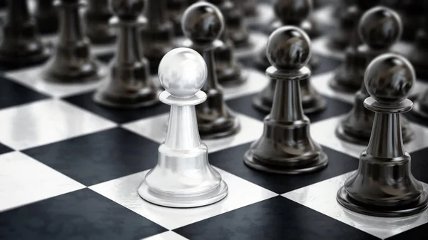白いチェスのポーンが黒いチェスの駒の1つ前の正方形に立っています イラストレーション — ストック写真
