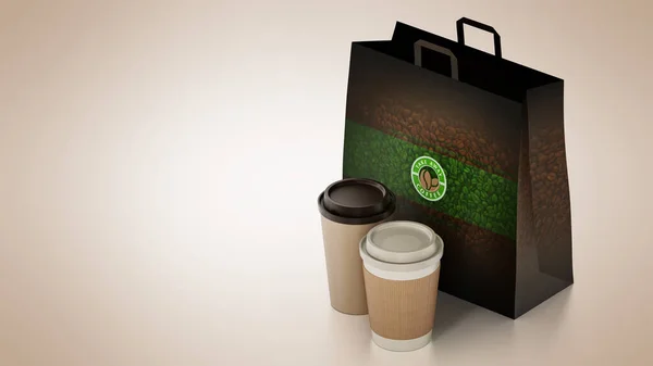 Take Away Coffee Cup Paper Bag Isolated White Illustration — Stock Photo, Image