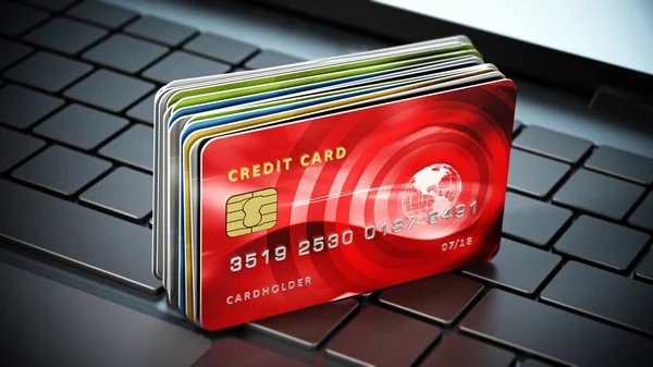 Tarjetas Crédito Pie Teclado Del Ordenador Portátil Ilustración — Foto de Stock
