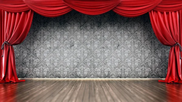 Theaterbühne Mit Rotem Vorhang Und Parkettboden Illustration — Stockfoto