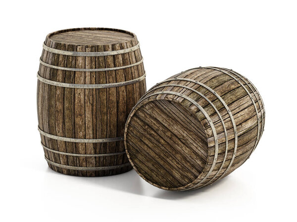 Wooden barrels isolated on white background. 3D illustration.
