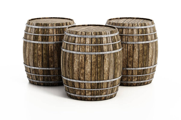 Wooden barrels isolated on white background. 3D illustration.