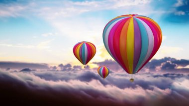 Bulutların üstünde renkli sıcak hava balonları. 3B illüstrasyon.
