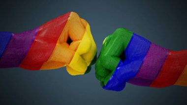 Lgbt bayrağı insan yumruğu desenli. 3d illüstrasyon.