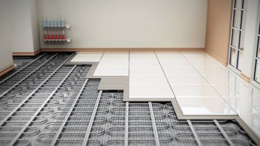 Yerden ısıtma sistemi yapısal detay. 3d illüstrasyon.