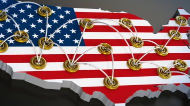 Ağ seyahat noktaları ABD harita üzerinde. 3D çizim.