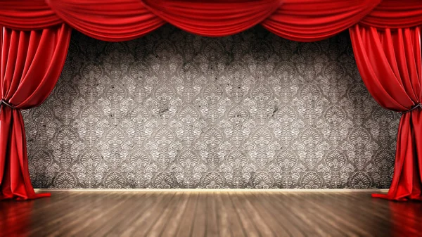 Theaterbühne Mit Rotem Vorhang Und Parkettboden Illustration — Stockfoto