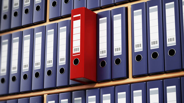 Красная папка выделяется среди черных внутри деревянных полок. 3D иллюстрация
.