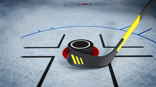 Ice hockey stick and puck on scratched ice background. 3D illustration.