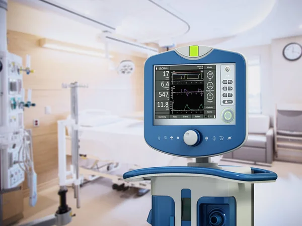 Medical ventilator device in hospital room. 3D illustration.
