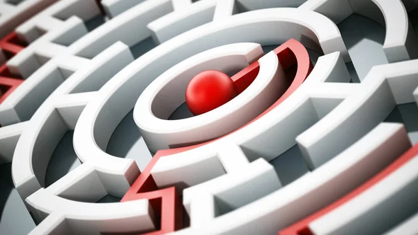 Red line leading to the center of the round maze. 3D illustration.