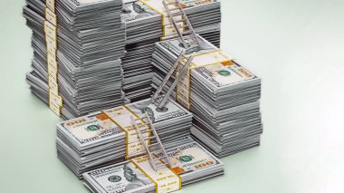 Ayarlanmış banknot destelerinde merdivenler. 3d illüstrasyon.