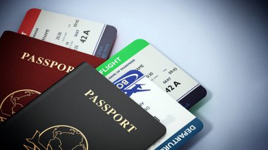 Siyah ve kırmızı pasaportlar ve uçak biletleri. 3d illüstrasyon.