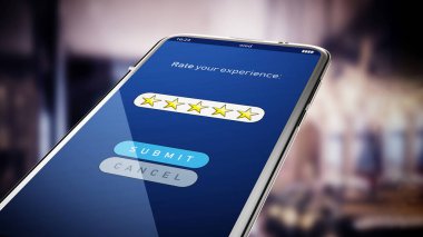 Beş yıldızlı derecelendirme ekran smartphone cep telefonu ile. 3D çizim.