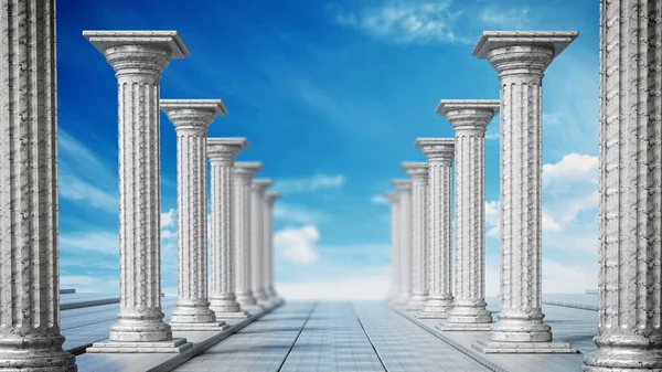 Ancient ruins of Greek pillars against blue sky. 3D illustration.