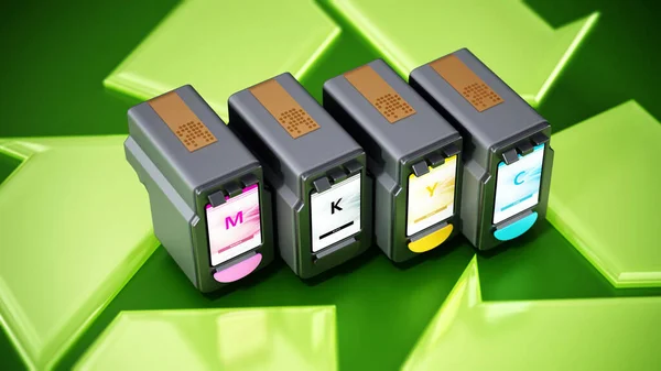 Used inkjet printer cartridges on recycle symbol. 3D illustration.