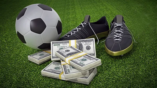 Soccer cleats, money and soccer ball on the pitch. 3D illustration.