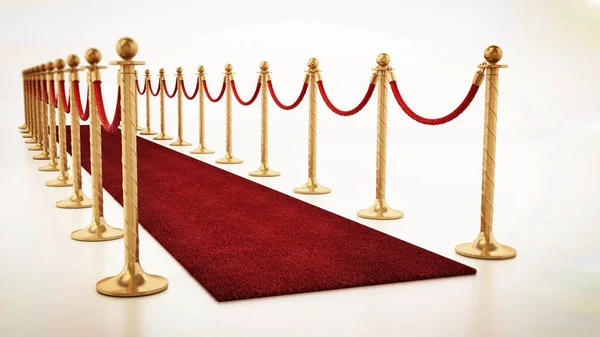 Velvet ropes and golden barriers along the red carpet. 3D illustration.