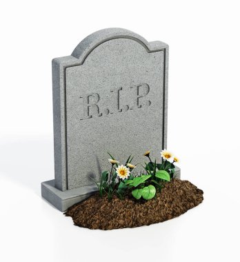 Beyaz arka planda toprak ve çiçekli mezar taşı. 3B illüstrasyon.