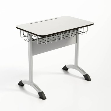 Öğrenci masası beyaz arka planda izole edilmiş. 3B illüstrasyon.