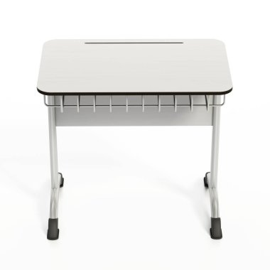 Öğrenci masası beyaz arka planda izole edilmiş. 3B illüstrasyon.