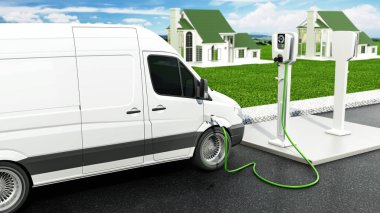 Her şarj istasyonunda ticari elektrikli minibüs şarj ediliyor. 3B illüstrasyon.