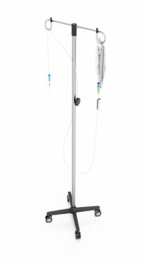 Beyaz zemin üzerinde serum torbası olan ayarlanabilir tekerlekli bir serum çubuğu. 3B illüstrasyon.