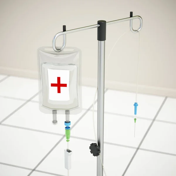 Serum bag in hospital corridor. 3D illustration.