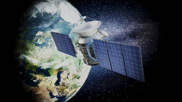 Communications satellite in Earth\'s orbit. 3D illustration.