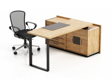Modern ofis masası ve sandalye beyaz arka planda izole edilmiş. 3B illüstrasyon.