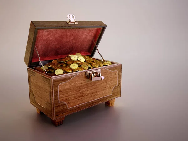 Open treasure chest full of gold isolated on white background. 3D illustration.