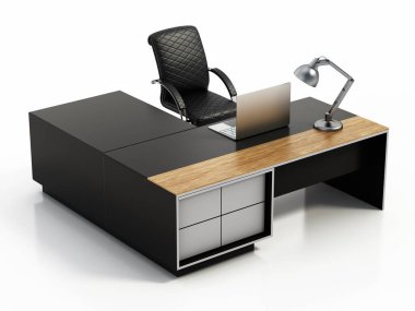 Modern ofis masası ve beyaz arka planda izole edilmiş tekerlekli koltuk. 3B illüstrasyon.