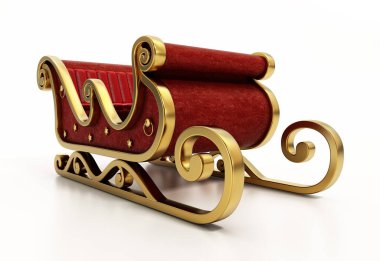 Altın süslerle süslenmiş Noel Baba kızağı ve beyaz arka planda izole edilmiş kırmızı kadife. 3B illüstrasyon.
